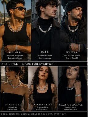 Silver Tone Pavé Cuban Link Necklace & Bracelet Set - Men Accessories unisex